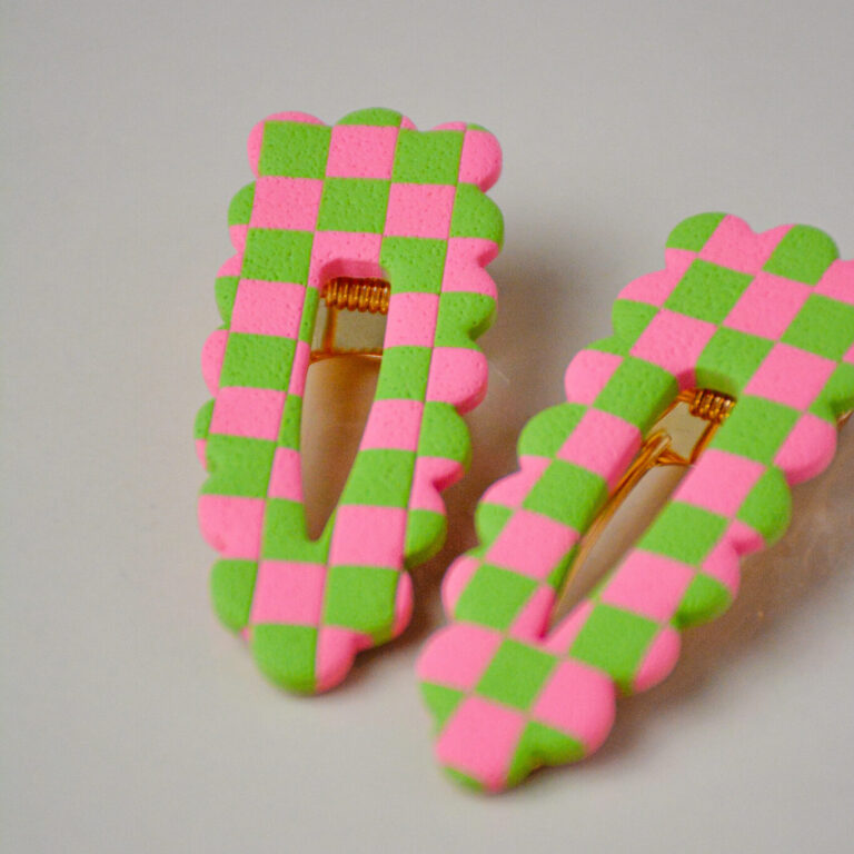 Barrette damier - vert et rose