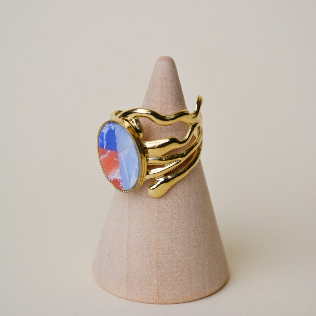 Bague colorée acier inoxydable pierres bleus terracotta Saboom